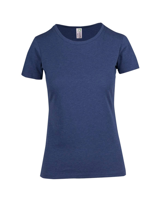 A women's short-sleeve T-shirt in a dark blue marl fabric with a fitted design and a branding label.