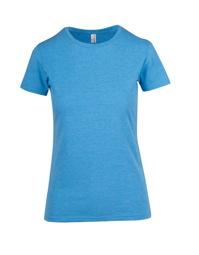 A light blue women's t-shirt with a classic crew neck and short sleeves. The shirt features a branding logo.