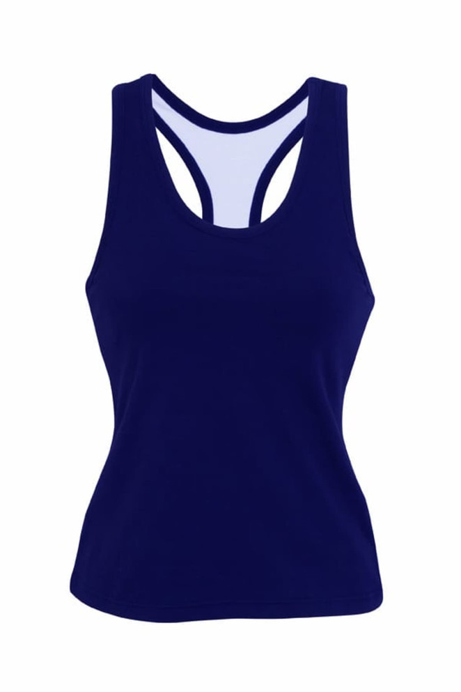 A women's navy blue singlet with a racerback design and a logo. Perfect for sports uniforms or casual wear.