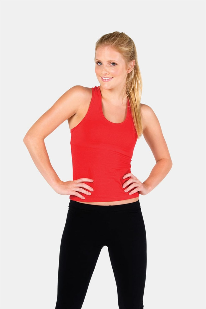 A red women's singlet featuring a fitted design, paired with black leggings. The garment has a logo.