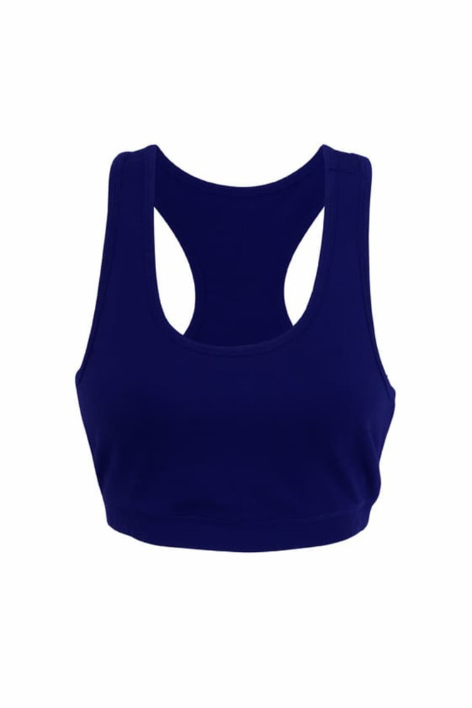 A navy blue women's self brassiere singlet with a racerback design and a logo.