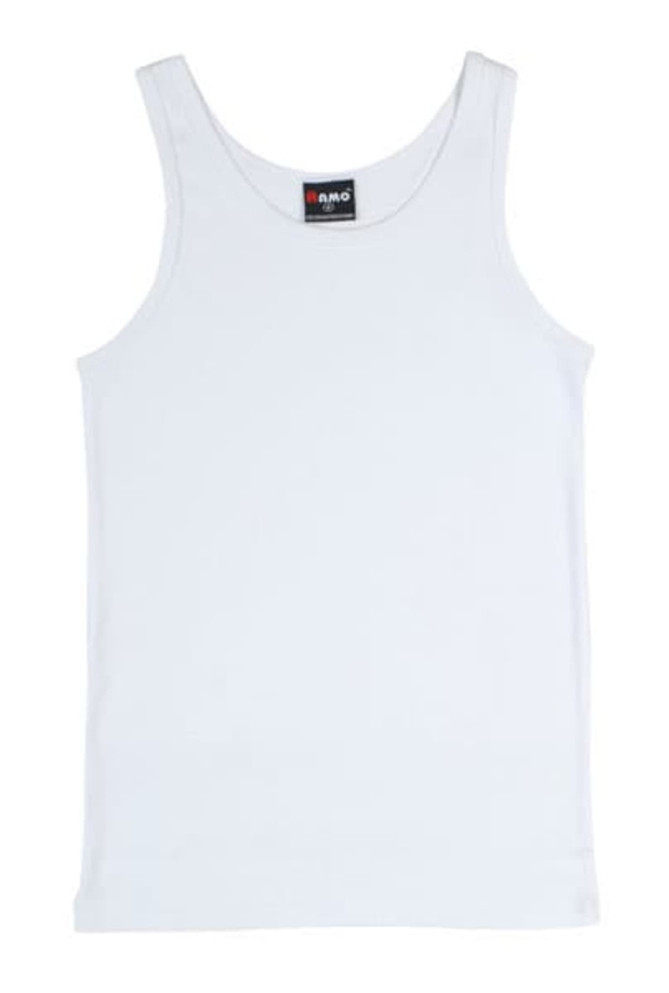 A white men's cotton singlet with a round neck and wide shoulder straps, featuring a logo tag.