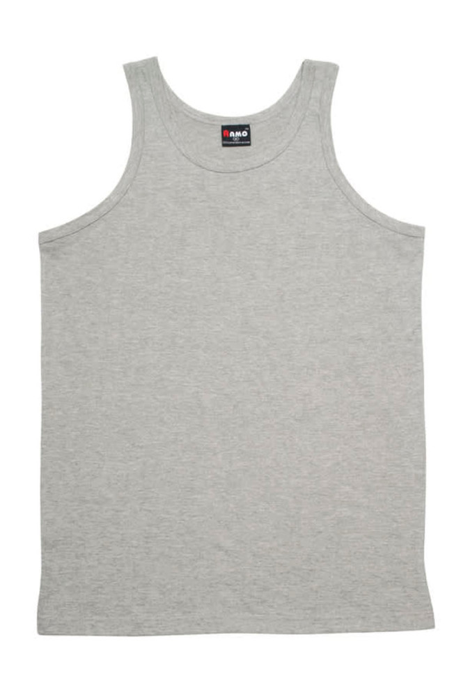 A grey men's cotton singlet with a round neck and a logo in the label. Suitable for casual wear.