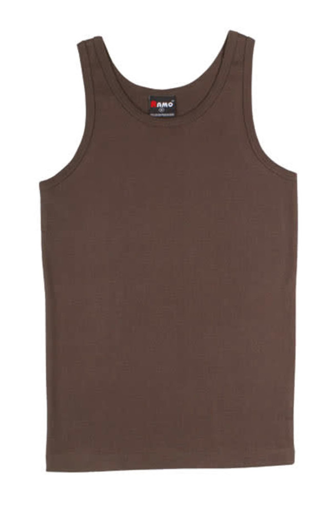 A brown men's cotton rib singlet featuring a round neck and no sleeves, with a logo on the label.