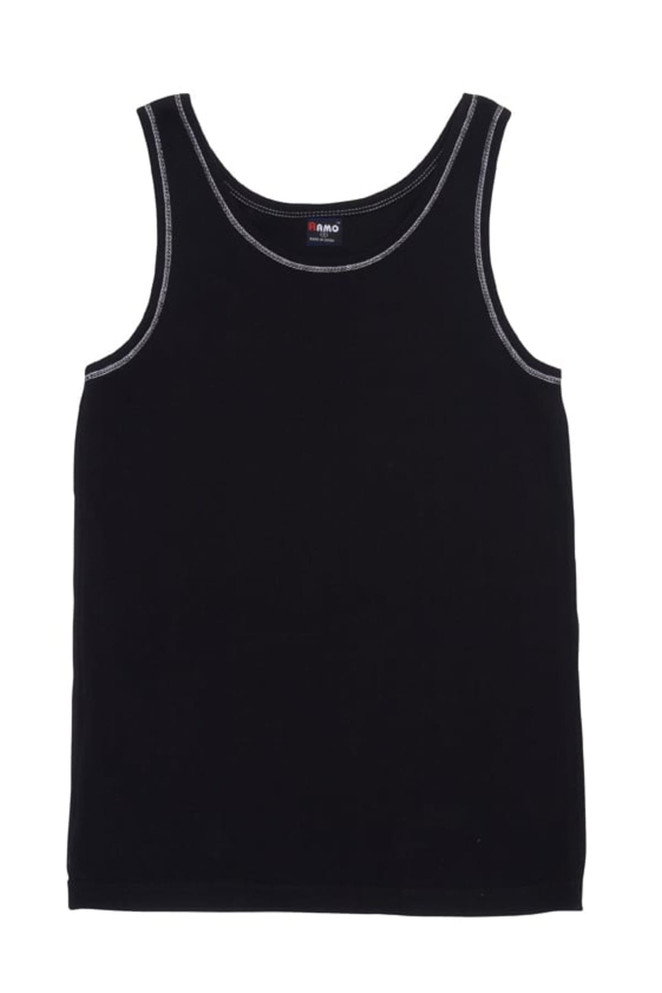 A black men's cotton rib singlet featuring contrasting stitching and no sleeves, with a logo on the neckline.