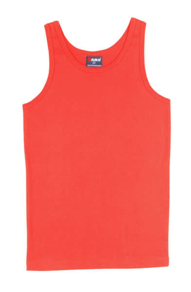 A red men's cotton rib singlet displayed flat, featuring a label on the neckline and no sleeves.