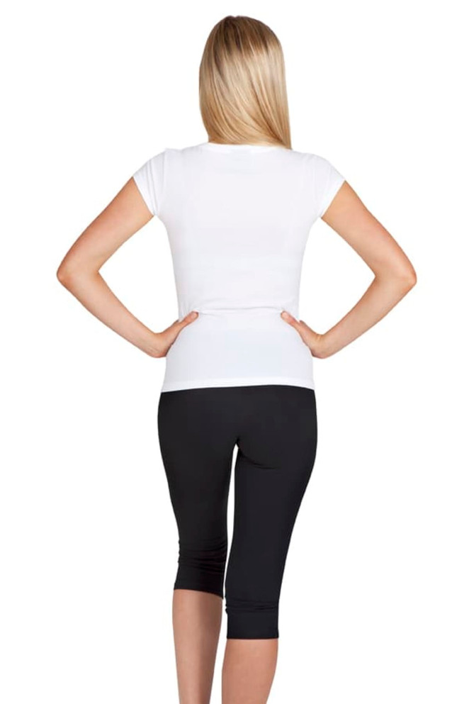 A white women's V-neck T-shirt viewed from the back, paired with black leggings. The shirt has a logo.