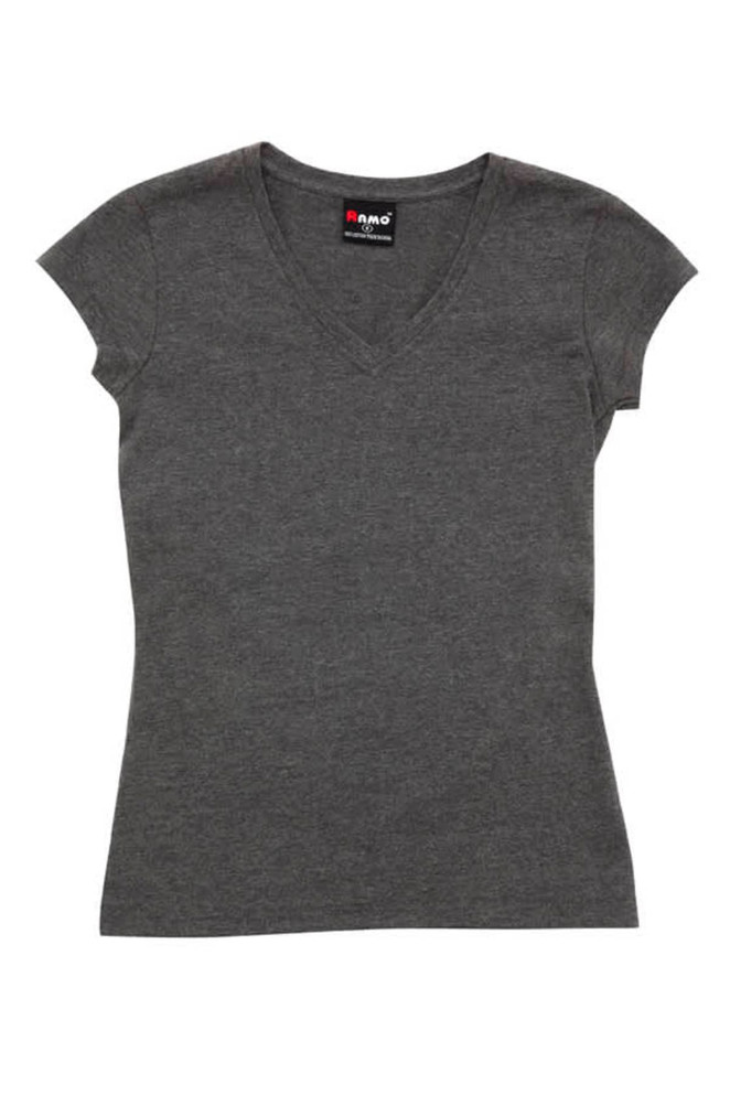 A dark grey women's V-neck T-shirt with short sleeves and a fitted style. The shirt features a logo.