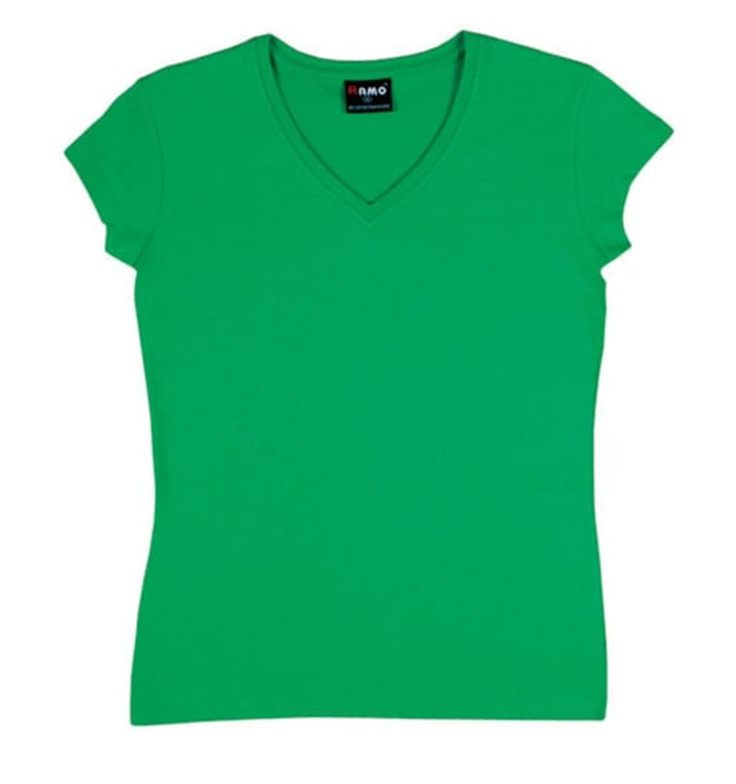 A green women's V-neck T-shirt with short sleeves and a branding label at the neckline.