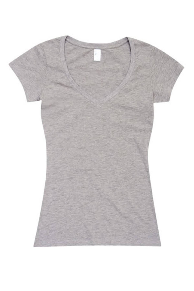 A grey women's V-neck T-shirt with short sleeves, featuring a plain design and a tag at the neckline.