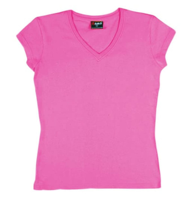A pink women's V-neck T-shirt with short sleeves and a fitted design. It features a logo on the tag.