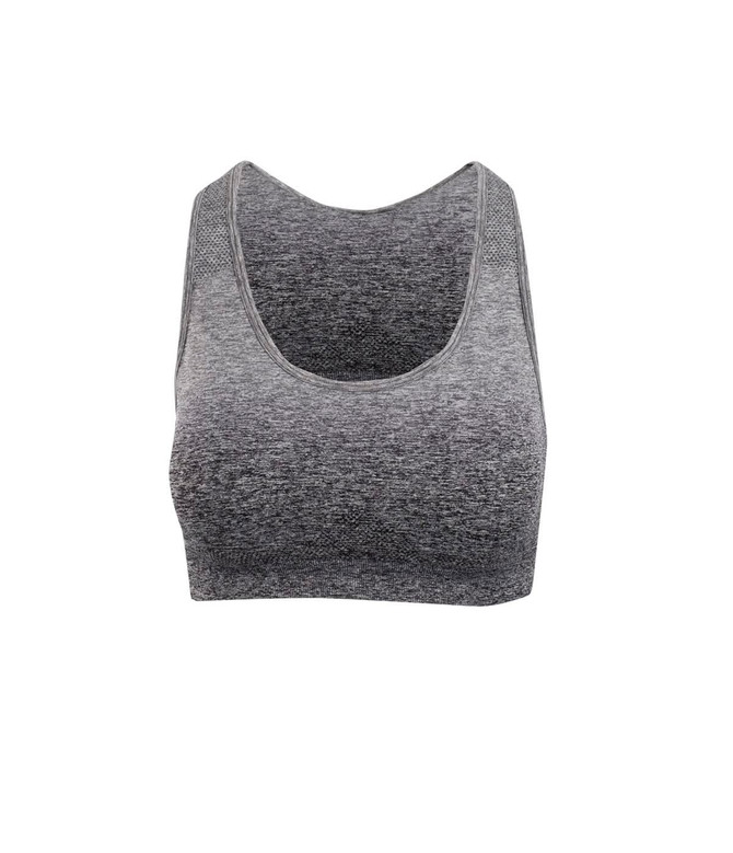 A grey seamless crop top with wide straps and a fitted design, featuring a logo on the front.