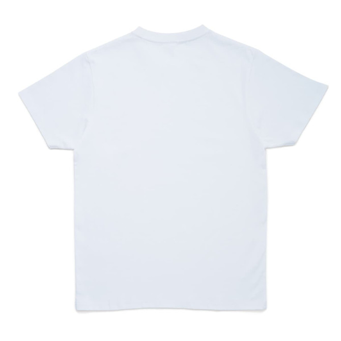 A plain white unisex T-shirt with short sleeves, featuring a logo on the back.