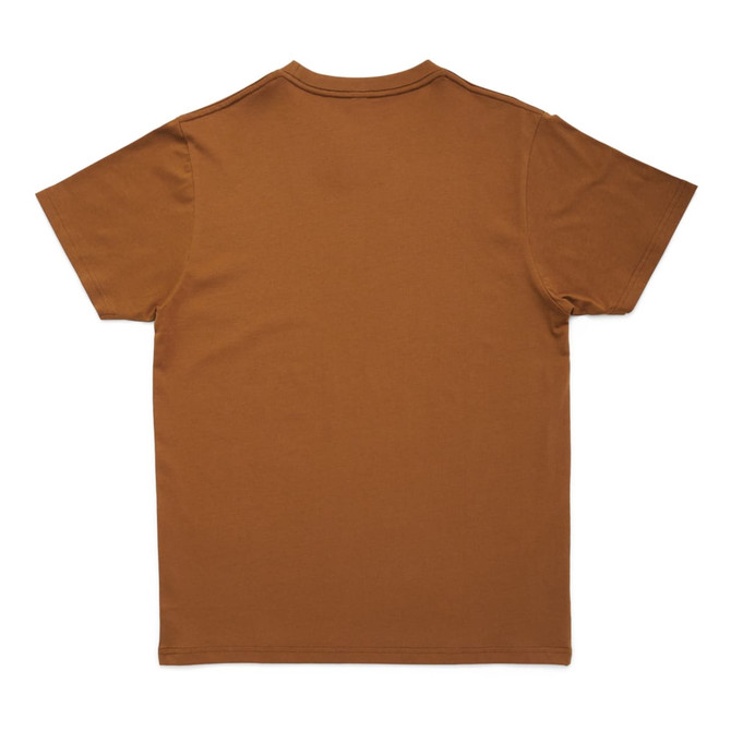 A brown unisex Earth Care T-shirt with short sleeves and a round neckline, featuring a plain back.