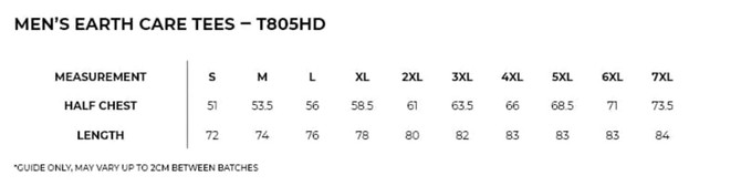 A size chart for Men's Earth Care T-shirts, detailing measurements for various sizes in half chest and length.