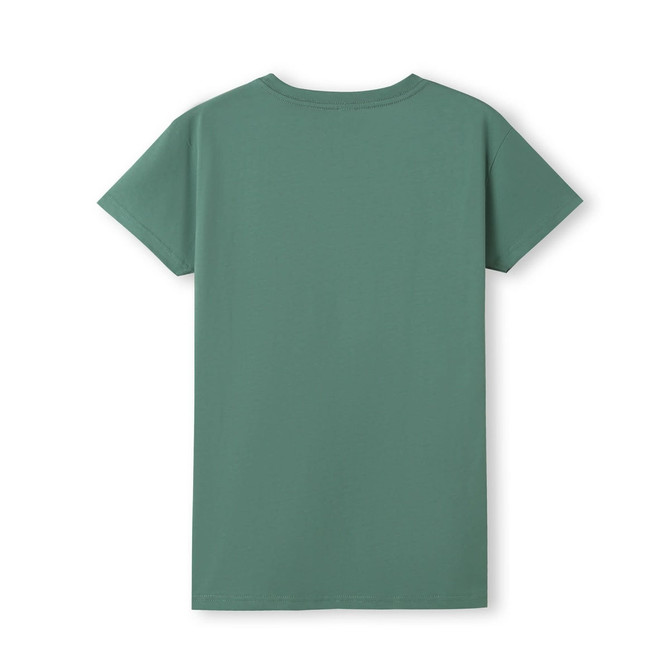 A teal women's T-shirt with a fitted design and short sleeves, featuring branding on the back.