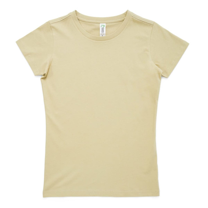 A women's fitted t-shirt in a light beige colour, featuring short sleeves and a round neckline. It has a logo on the label.