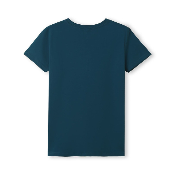 A teal women's T-shirt with a fitted design and short sleeves, featuring a logo on the back.
