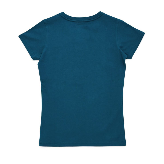 A teal women's T-shirt with a fitted design and short sleeves, featuring a logo on the back.