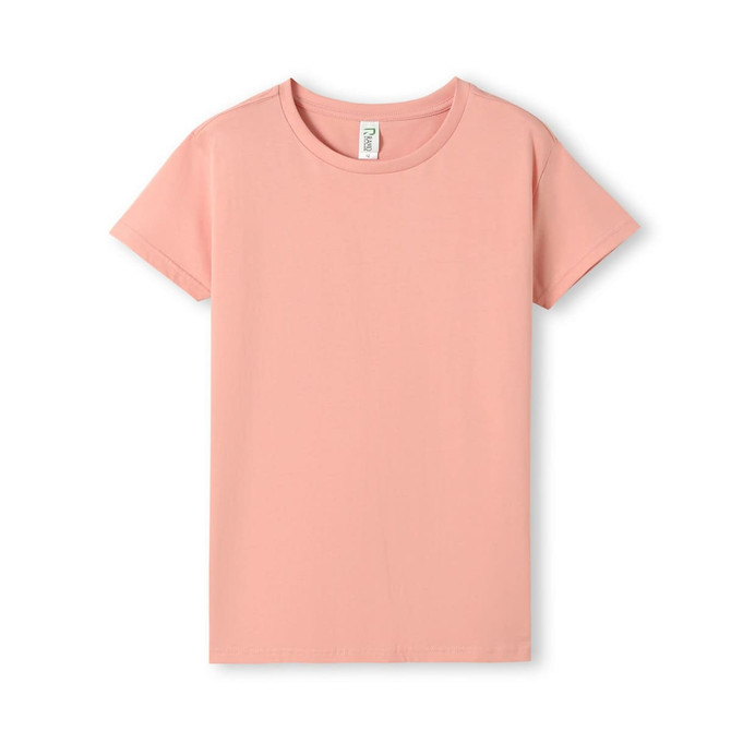A pink women's T-shirt with a round neck and short sleeves, featuring a logo label.