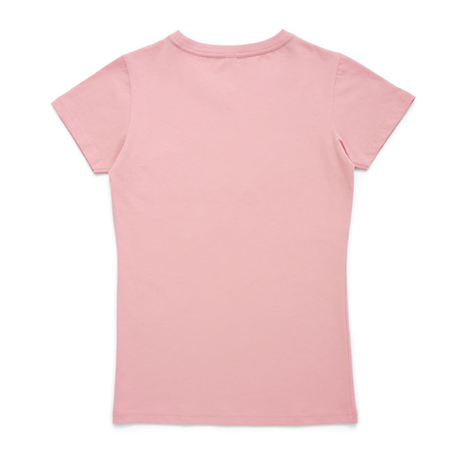 A pink women's T-shirt with a fitted design, featuring a plain back and short sleeves. It includes a logo.
