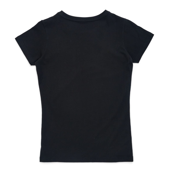 A black women's T-shirt with a fitted design, featuring a plain back and short sleeves.