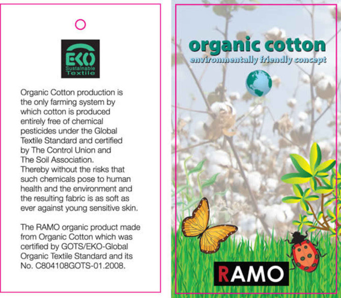 A tag featuring information about organic cotton production, with floral graphics, butterflies, and a ladybug. Colors include green and pink.