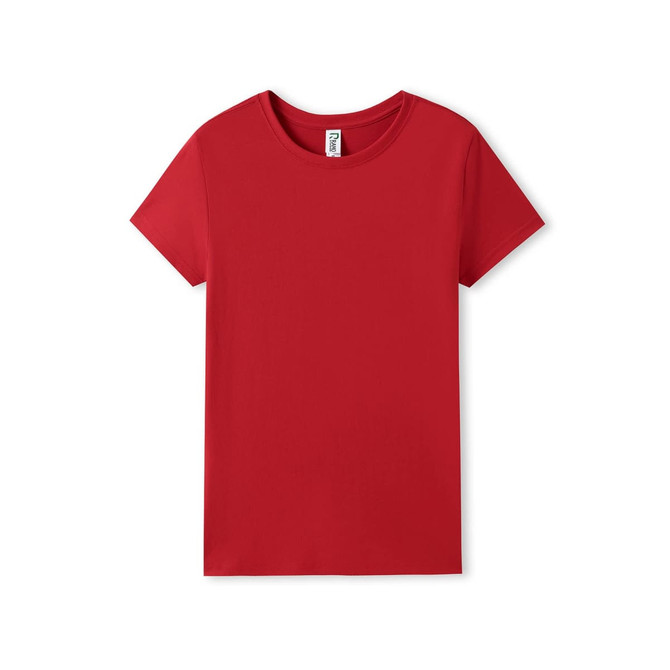 A red women's organic cotton T-shirt with a classic round neckline and short sleeves. Features a logo label.