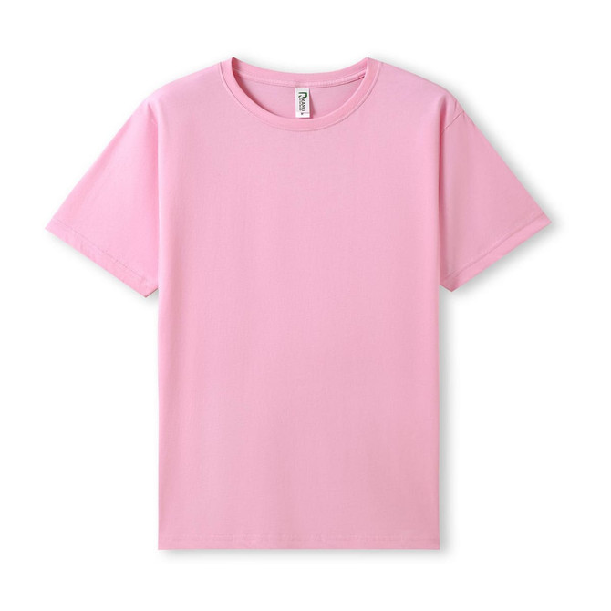 A pink organic cotton T-shirt with a round neckline and short sleeves, featuring a small logo at the neck.