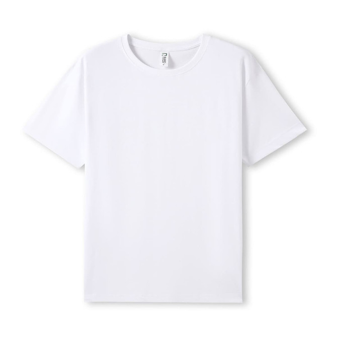 A white organic cotton T-shirt with a crew neck and short sleeves, featuring a logo on the label.