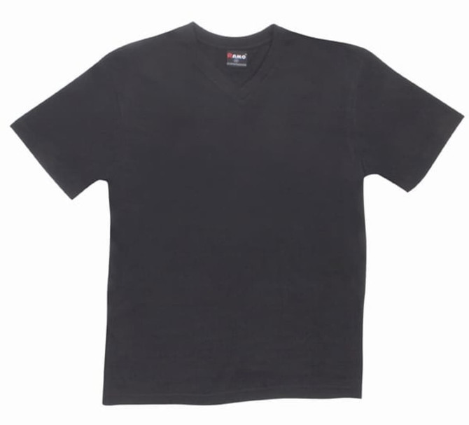 A black unisex V-neck T-shirt featuring short sleeves and a logo on the label.