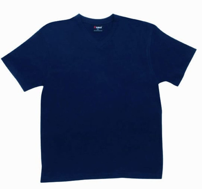 A navy blue unisex V-neck T-shirt with short sleeves and a tag inside. It features a logo on the tag.