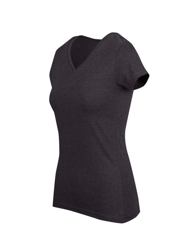 A dark grey women's marl V-neck T-shirt with short sleeves and a fitted silhouette. It features a logo.