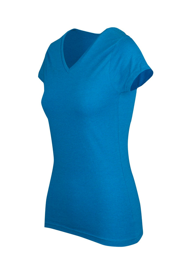 A blue women's marl V-neck T-shirt with short sleeves and a fitted design. It features a logo on the side.