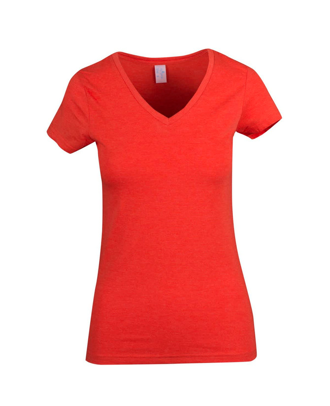 A red women's marl V-neck T-shirt featuring short sleeves and a fitted design. It has a small logo on the label.