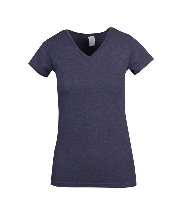 A women's navy marl V-neck T-shirt with short sleeves and a fitted design. Features a logo.
