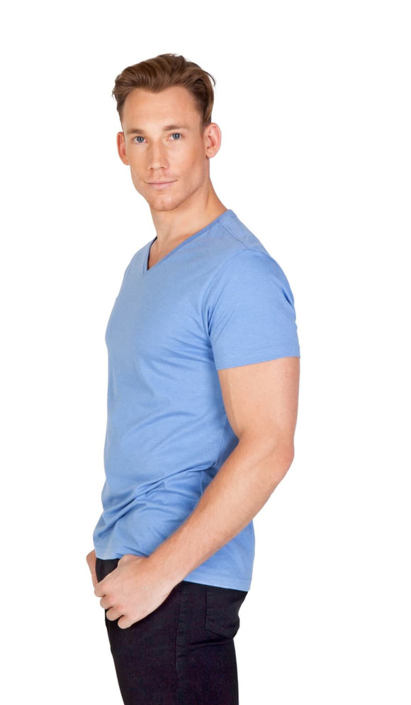 A blue men's marl V-neck T-shirt displayed on a model, featuring a fitted style and short sleeves.