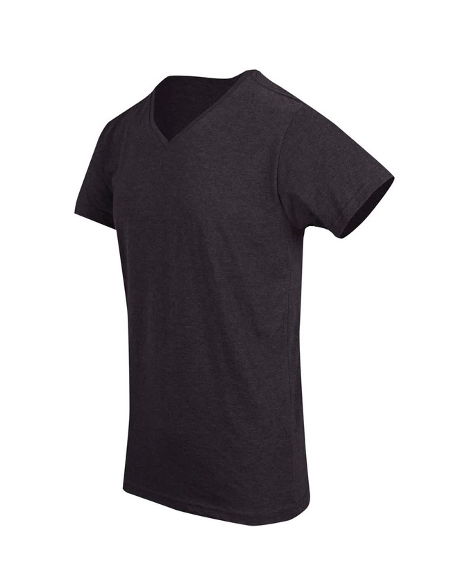 A men's marl V-neck T-shirt in dark grey, featuring short sleeves and a simple design with a logo.