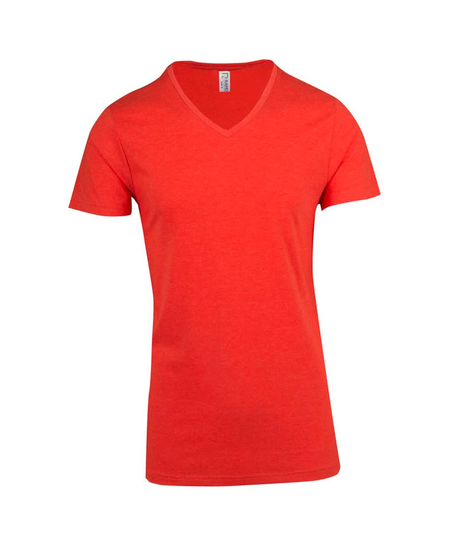 A red V-neck T-shirt for men, featuring short sleeves and a simple design with a logo.