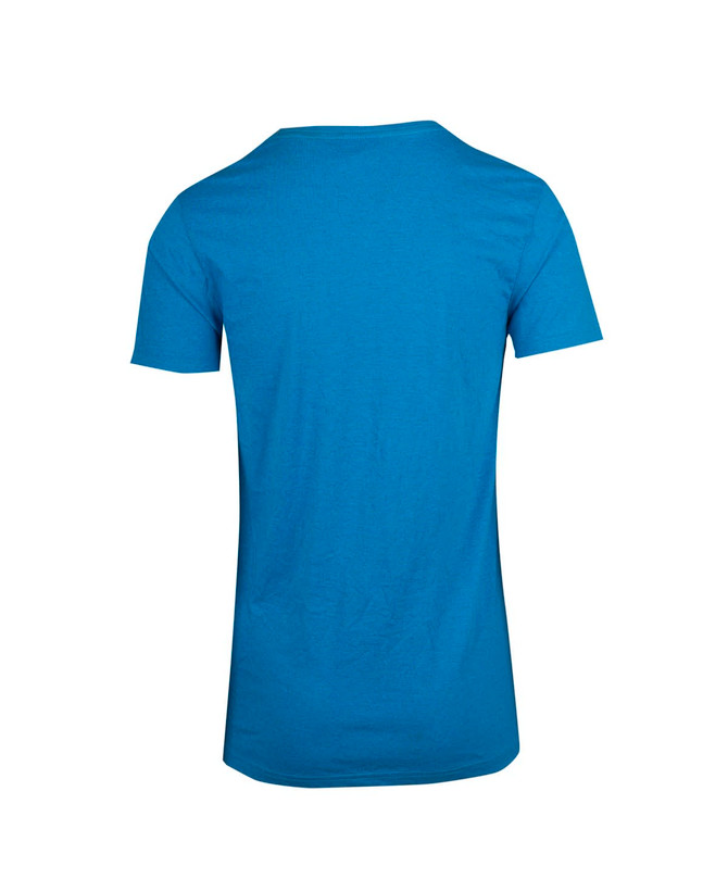 A blue men's marl V-neck T-shirt with short sleeves and a plain back. The shirt features branding.