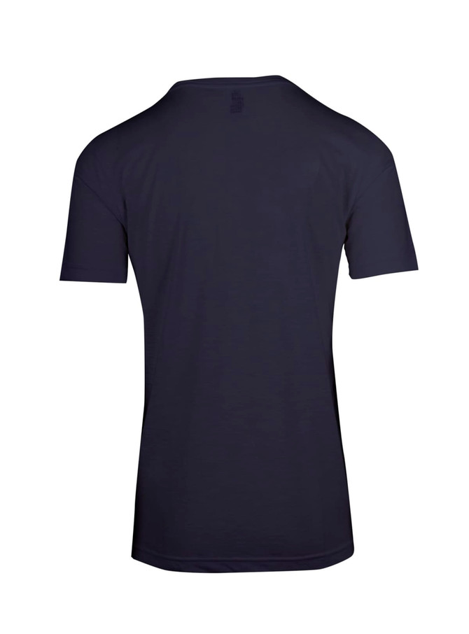 A back view of a navy unisex T-shirt with short sleeves and a logo on the upper back.