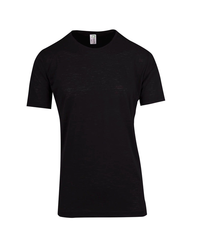 A black raw cotton T-shirt with a crew neckline and short sleeves. It features a brand logo.