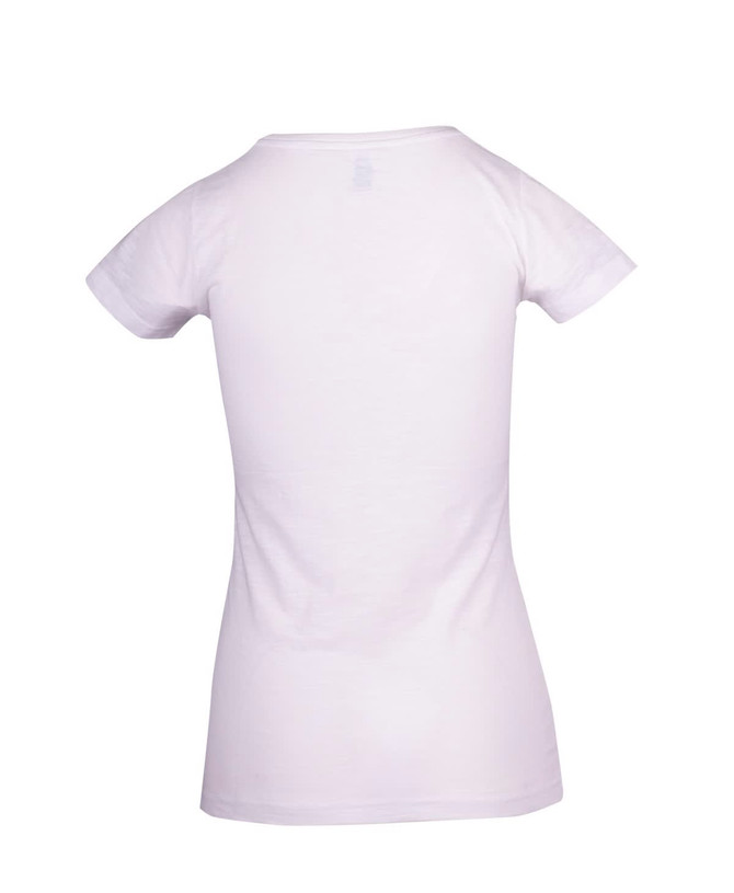 A white women's T-shirt with a fitted design, featuring a logo on the back.