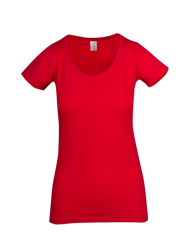 A red women's t-shirt with a scoop neckline and short sleeves, featuring a label inside.