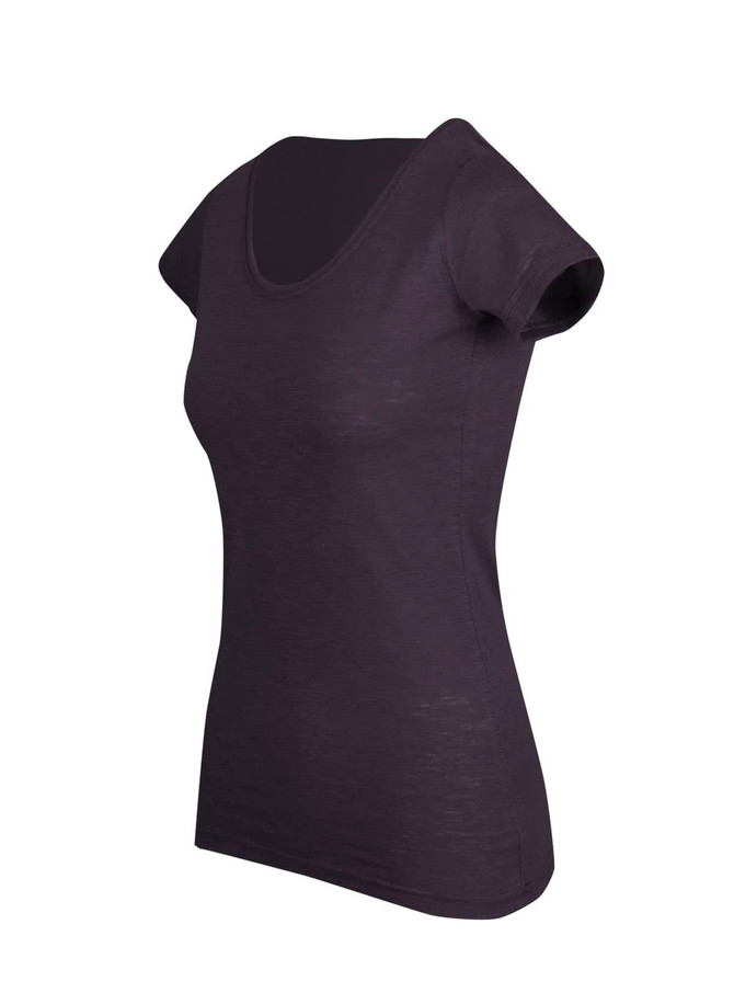 A black women's T-shirt made from raw cotton, featuring a scoop neckline and short sleeves. It has a logo.