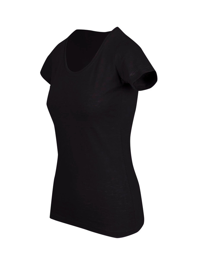 A black women's raw cotton wave T-shirt with a scoop neckline and short sleeves, featuring a logo.