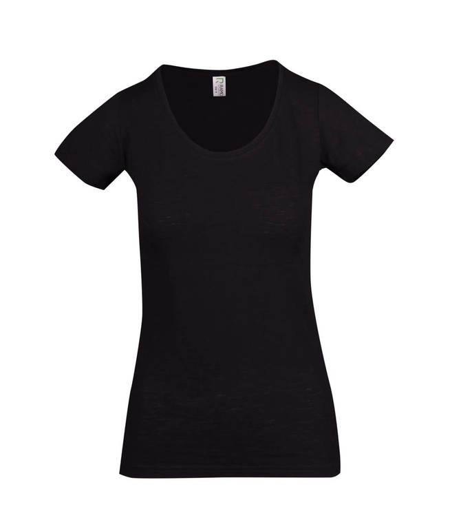 A black women's raw cotton wave t-shirt with a scoop neckline and short sleeves, featuring a logo tag.