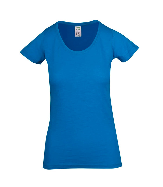 A blue women's T-shirt with a scoop neckline and short sleeves, featuring a logo on the label.