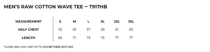 A size chart for the "Men’s Raw Cotton Wave T-shirt" displaying measurements in half chest and length for various sizes.