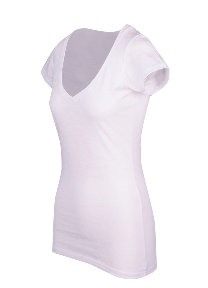 A white women's raw cotton T-shirt featuring a wave V neck and short sleeves, with a branding logo visible.